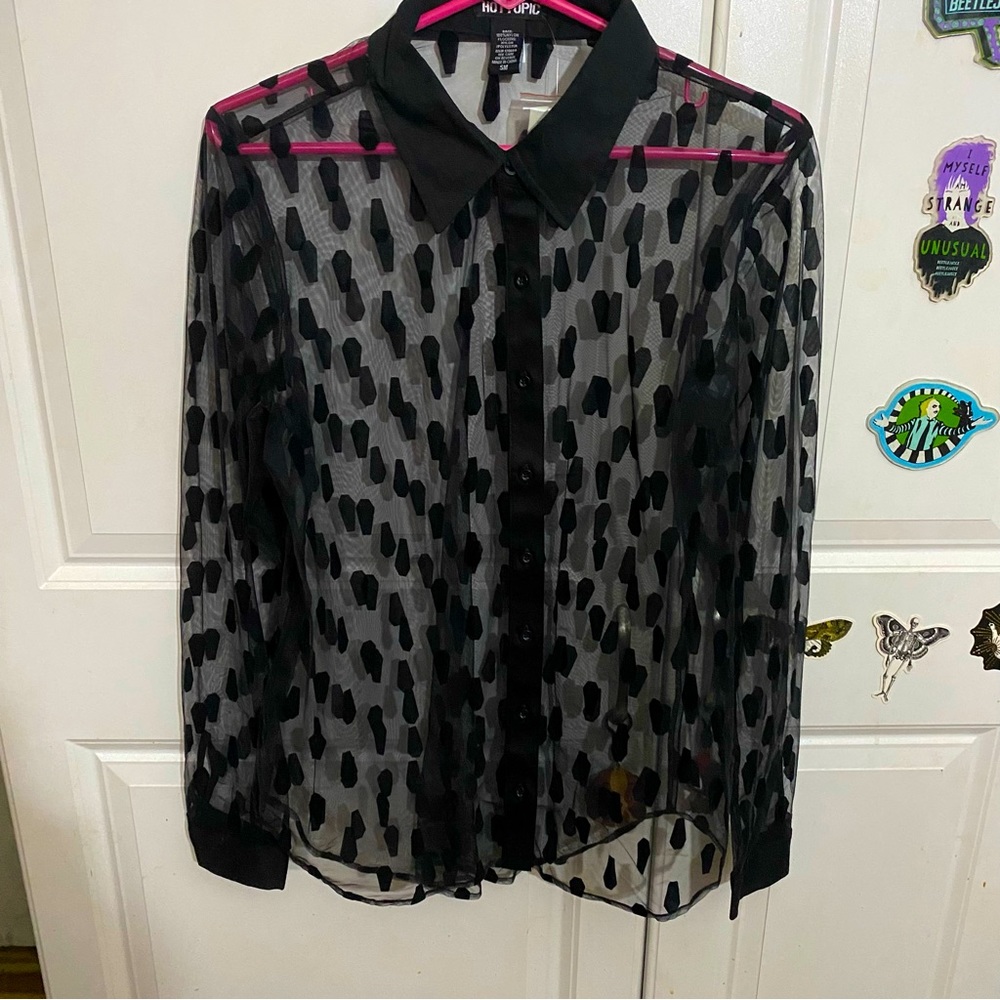Black Coffin Sheer Long-Sleeve Button-Up